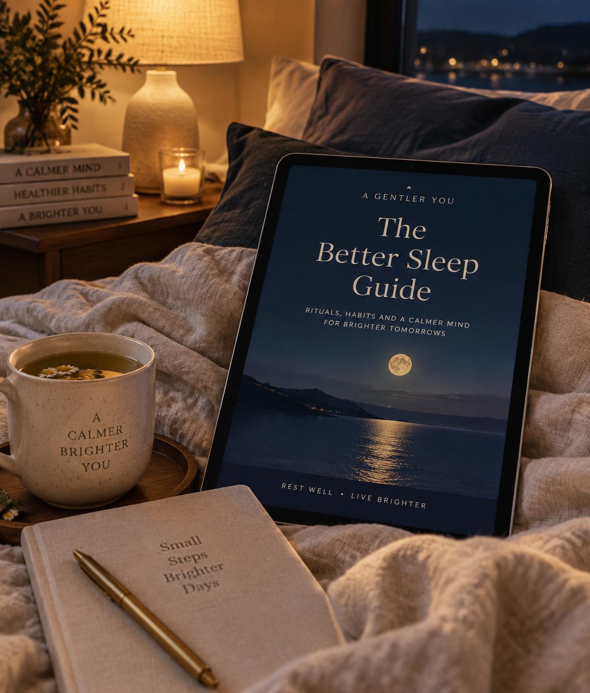 Sleep Like a Pro gids op een tablet in een warm verlichte slaapkamer