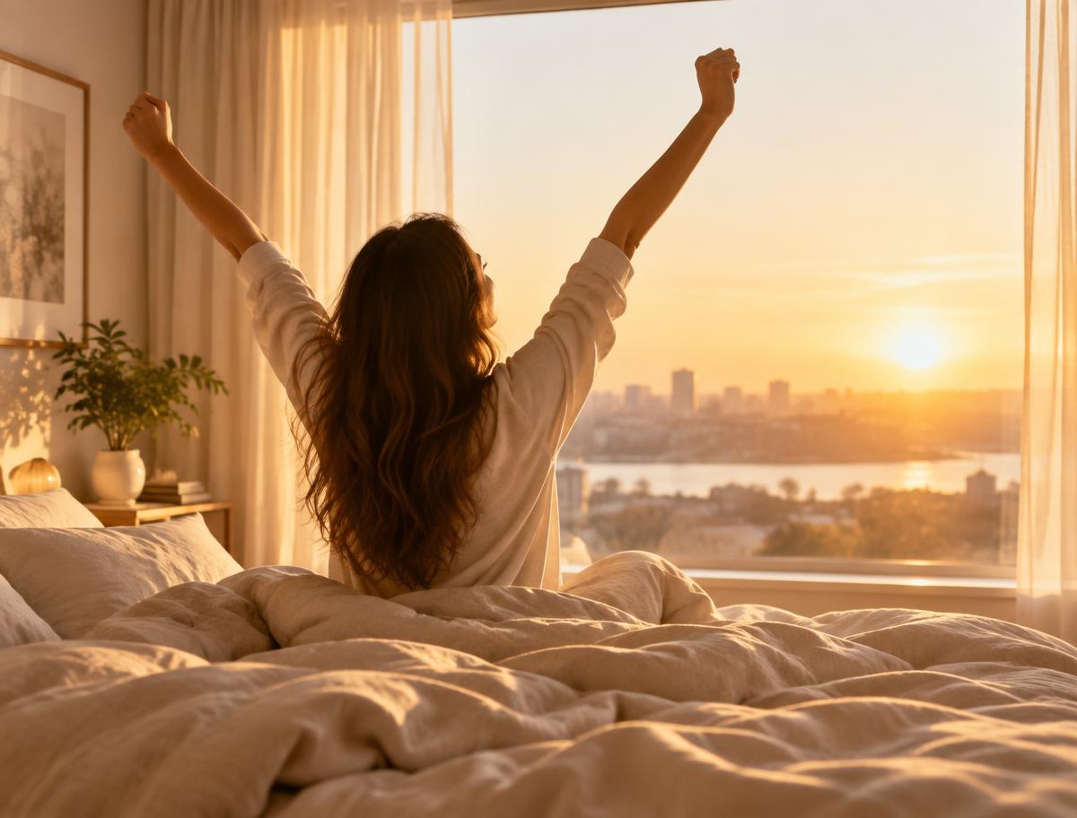 Vrouw die uitgerust wakker wordt in het ochtendlicht